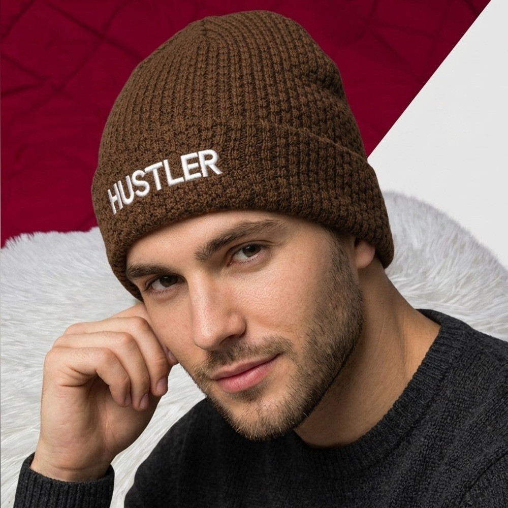 HUSTLER Embroidered Waffle Knit Beanie - Chocolate Brown